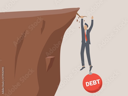 Business man with Debt falling from cliff concept. Debt bring down. Businessman try hard to hold on the cliff with debt burden. Vector illustration.