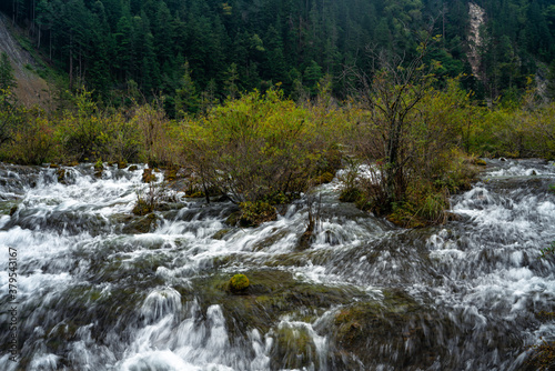 The small waterfalls at pearl beach, in Jiuzhai Valley Park, Sichuan, China.