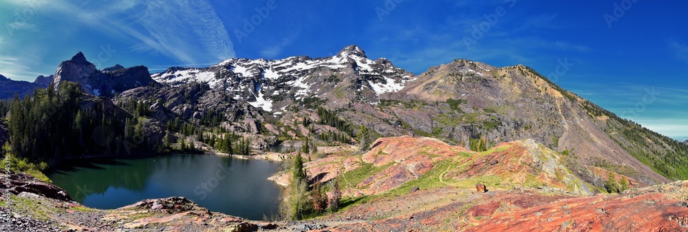 Lake Blanche Hiking Trail panorama views. Wasatch Front Rocky Mountains, Twin Peaks Wilderness,  Wasatch National Forest in Big Cottonwood Canyon in Salt Lake County Utah. United States.