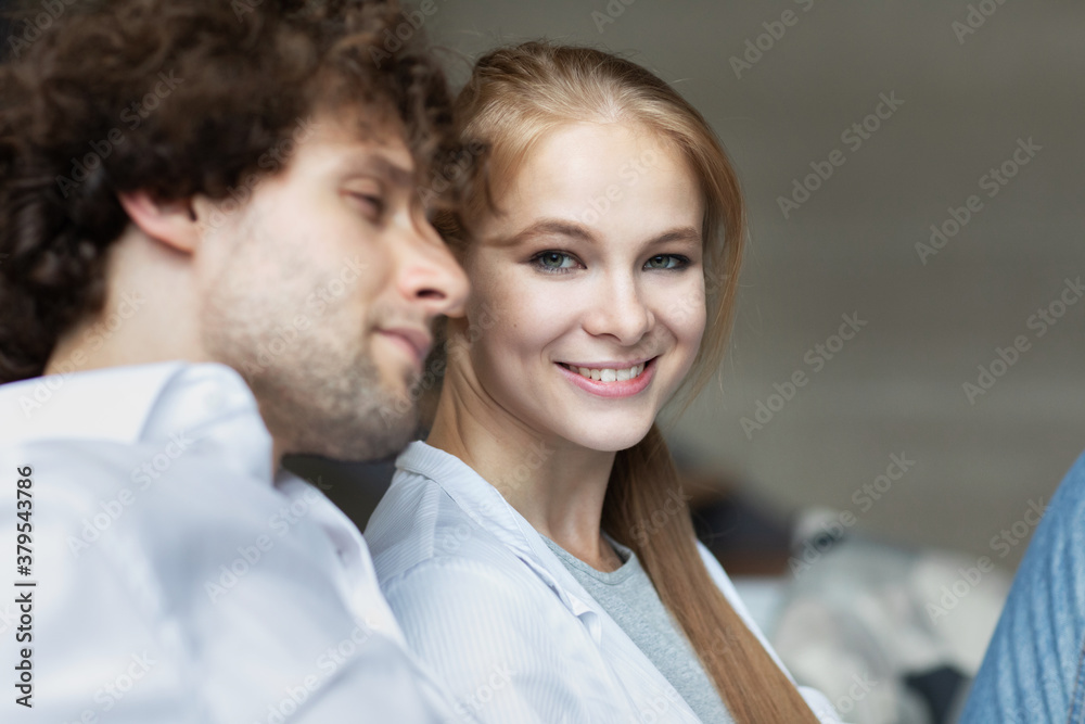 Young happy loving couple close up portrait relax at home. Enjoy together. Young happy loving couple close up portrait relax at home. Enjoy together.