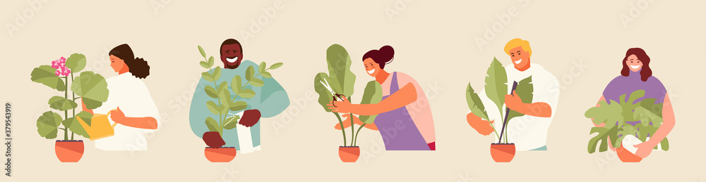 People gardeners caring for houseplants. Home garden hobby vector illustration