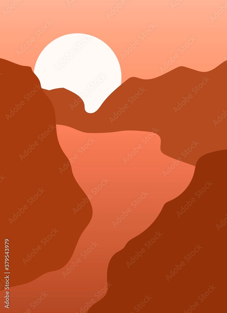 Abstract background with landscape. Mountains and sun. Aesthetic and minimalistic art print made in a modern style. Warm pastel colors. Flat vector illustration.
