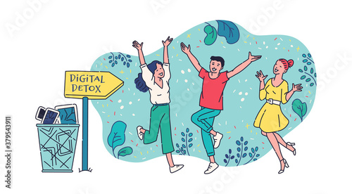 Digital detox banner with people happy to bee free, sketch vector illustration.