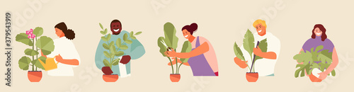 People gardeners caring for houseplants. Home garden hobby vector illustration