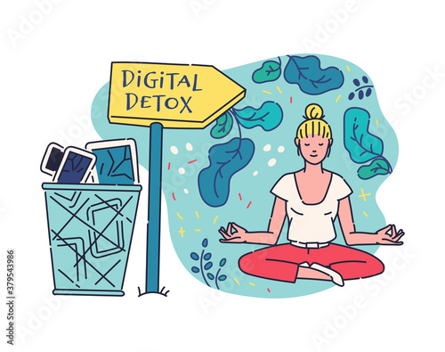 Digital detox with woman enjoying offline in gadgets, vector illustration.