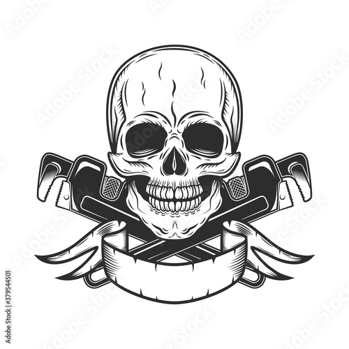 Vintage monochrome skull builder from new construction with crossed wrenches plumbing and gas pipes and flash isolated vector illustration