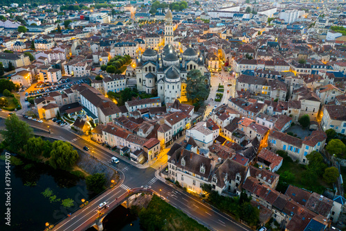 Night aerial view of Perigueux cityscape and cathedral of St Front in Dordogne department, southwestern France