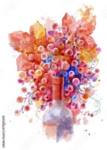 Bottle of wine on a background of grapes. Wine and grapes. Colorful watercolor illustration. Beautiful background for design and creativity.