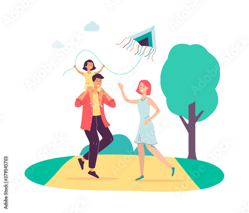 Happy family flying a kite - cartoon parents and child in summer nature