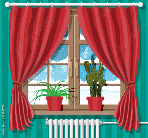 Winter window with red curtains, view from the room. Home plant on the sill. Warm cozy interior. Christmas landscape, hills, snow, spruce forest and falling snow. Cartoon flat vector illustration.