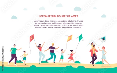 Website page with adults and children launching kites, flat vector illustration.