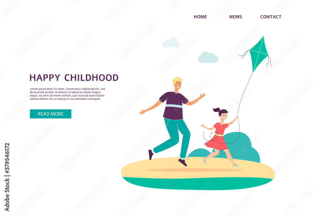 Website for family activity with people playing kite flat vector illustration.