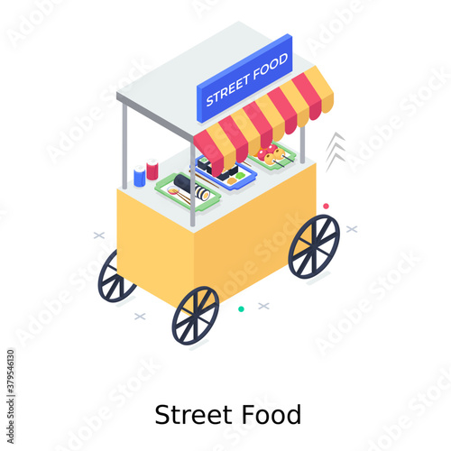 
Design of street food in isometric style, traditional food kiosk 
