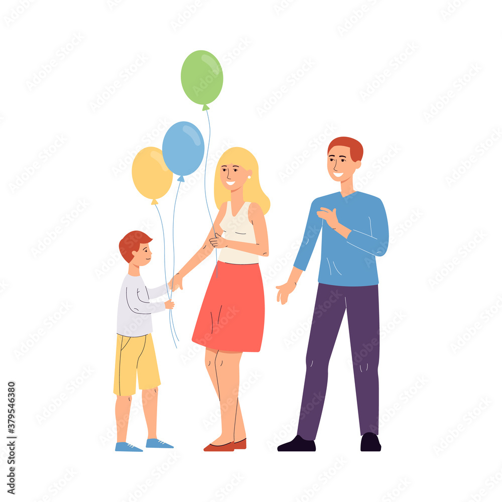 Vector isolated illustration of a happy family with colorful balloons. Vector isolated illustration of a happy family with colorful balloons.
