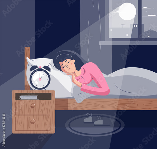 Sleepless woman lying on bed with open eyes. Girl character suffers from insomnia. Tired female insomniac trying fall asleep in night moonlighted bedroom. Vector illustration in flat cartoon style