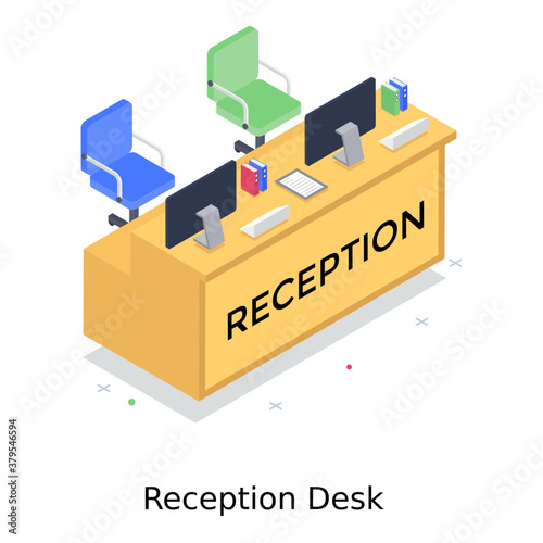 
Editable isometric design of reception desk, information desk 
