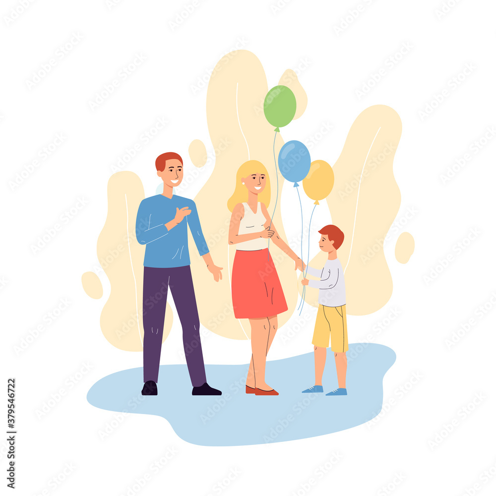 Cheerful parents and child holding air balloons flat vector illustration. Cheerful parents and child holding air balloons flat vector illustration.
