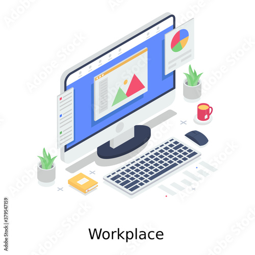 
Employee desk, workplace in isometric editable style 
