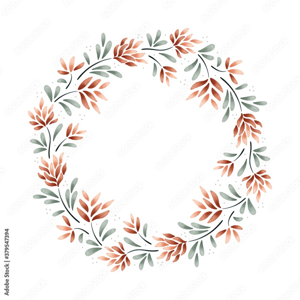 Watercolor digital illustration. Botanical wreath of green branches and leaves with flowers and polka dots. Floral Design elements.
