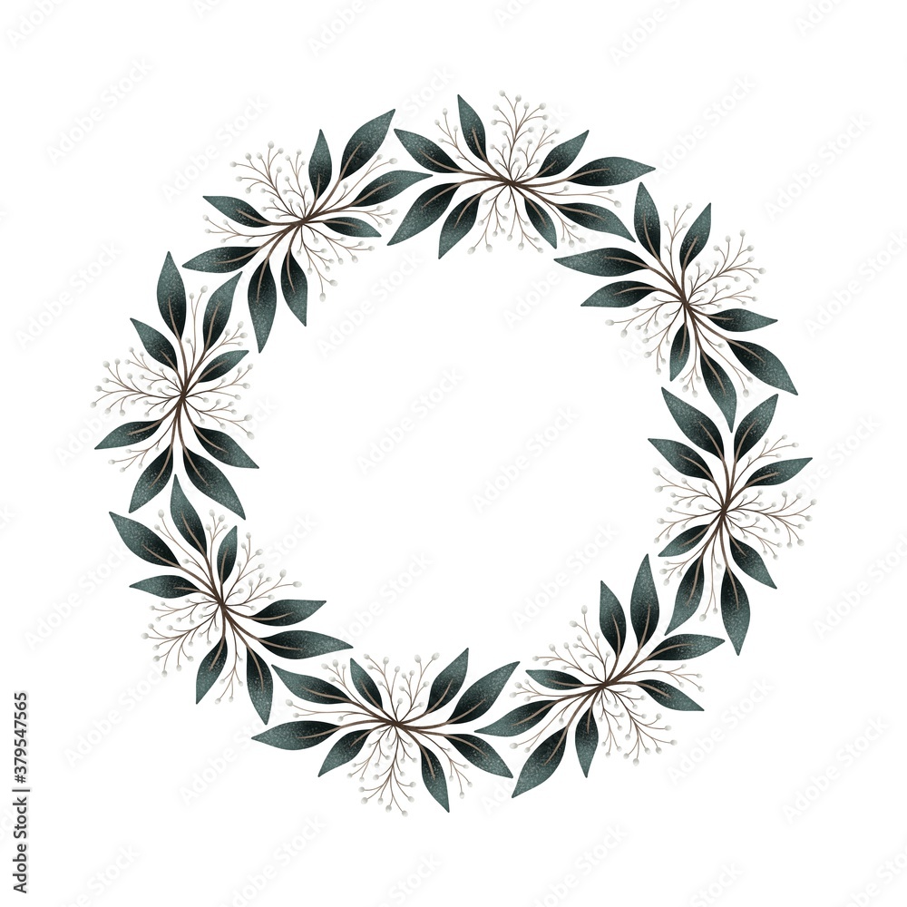 Watercolor digital illustration. Botanical wreath of green branches and leaves with flowers and polka dots. Floral Design elements.
