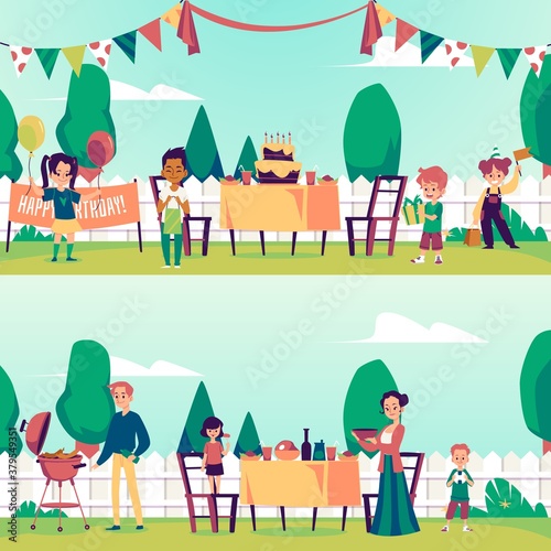 Banners with birthday or a barbeque party on backyard a vector flat illustration