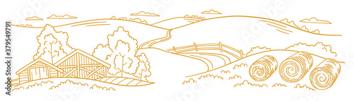 The farm is livestock. Rural landscape. Hay fodder in the barnyard. Village field and the hills. Hand drawn sketch. Countryside. Contour vector line. Horizontal banner.