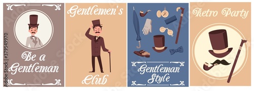 Set of cards or posters for gentleman party and club flat vector illustration.