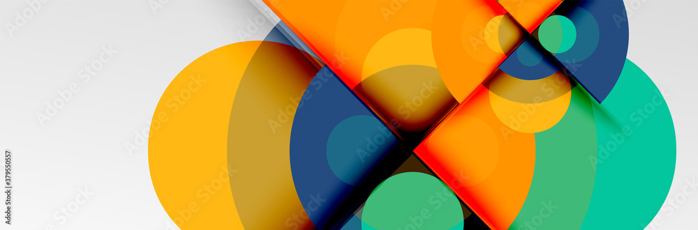 Bright color circles, abstract round shapes and triangles composition with shadow effects. Vector modern geometric design template Bright color circles, abstract round shapes and triangles composition with shadow effects. Vector modern geometric design template