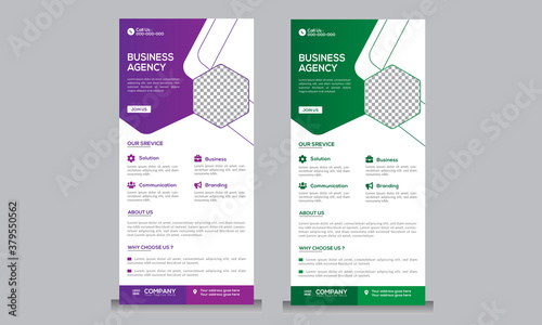 Corporate Business agency print-ready dl flyer design template. Green and purple color business agency dl flyer