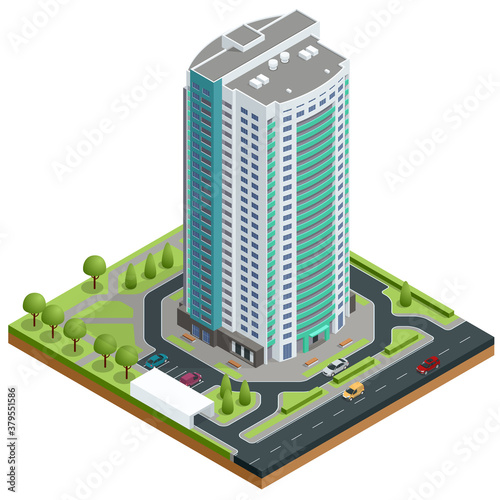 Isometric facade of a multi-storey buildin. Buildings and modern city houses. New residential buildings.