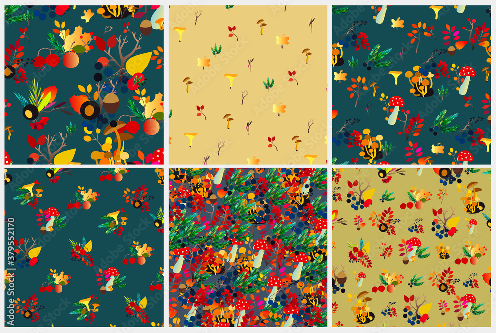 Fototapeta premium Autumn vector seamless pattern set with berries, acorns, pine cone, mushrooms, branches and leaves.