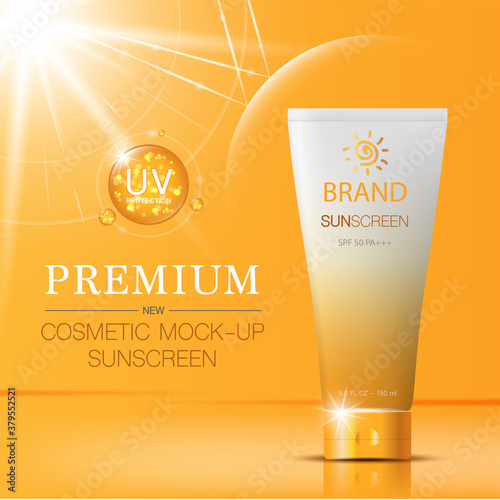 Hydrating facial sunscreen for annual sale or festival sale. orange and gold sunscreen mask bottle isolated on glitter particles background. Graceful cosmetic ads, illustration.