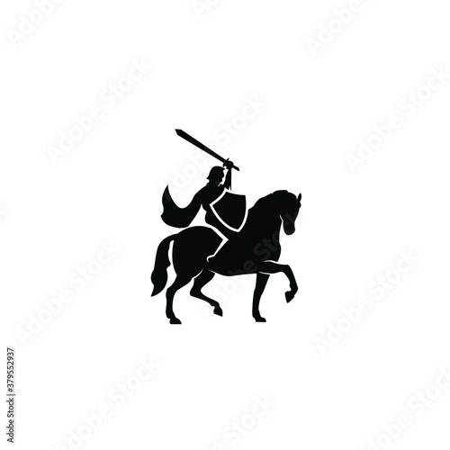A war knight soldier dressed in armor goes to war with his horse logo icon design flat vector template illustration silhouette white background