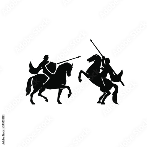 A war knight soldier dressed in armor goes to war with his horse logo icon design flat vector template illustration silhouette white background