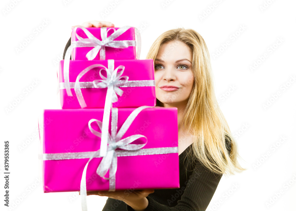 Happy surprised woman with many gifts Happy surprised woman with many gifts
