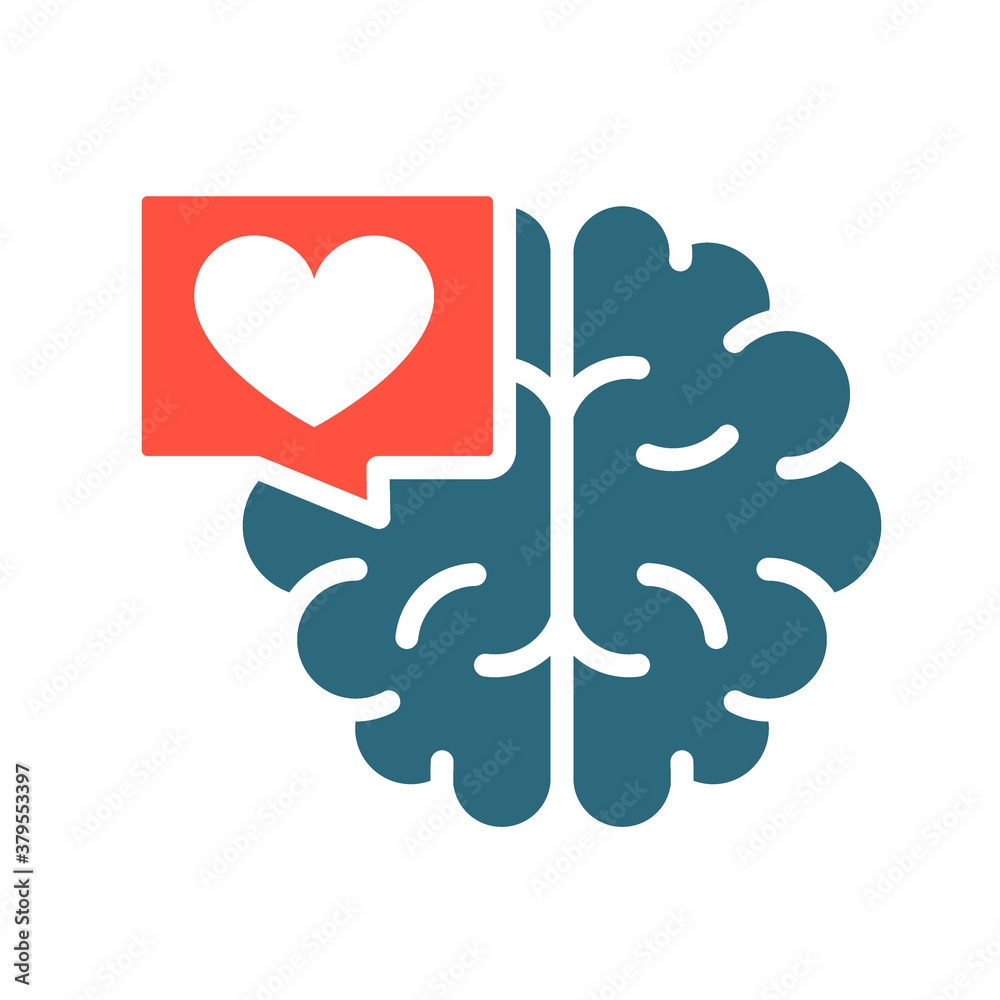 Brain with heart in chat bubble colored icon. Healthy internal organ, the main organ of the central nervous system symbol Brain with heart in chat bubble colored icon. Healthy internal organ, the main organ of the central nervous system symbol