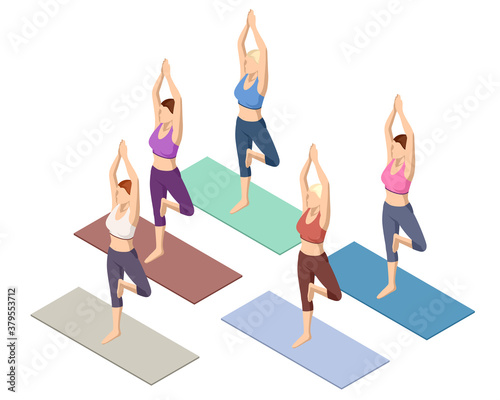 Isometric sporty young woman doing yoga practice. Fitness instructor taking online yoga classes over a video call in laptop. Healthy life concept.