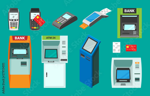 Banking and POS terminals isometric set. Electronic atm for accepting dispensing cash transactional card payments device credit finance deposit web payments in shops supermarkets. Clipart vector.