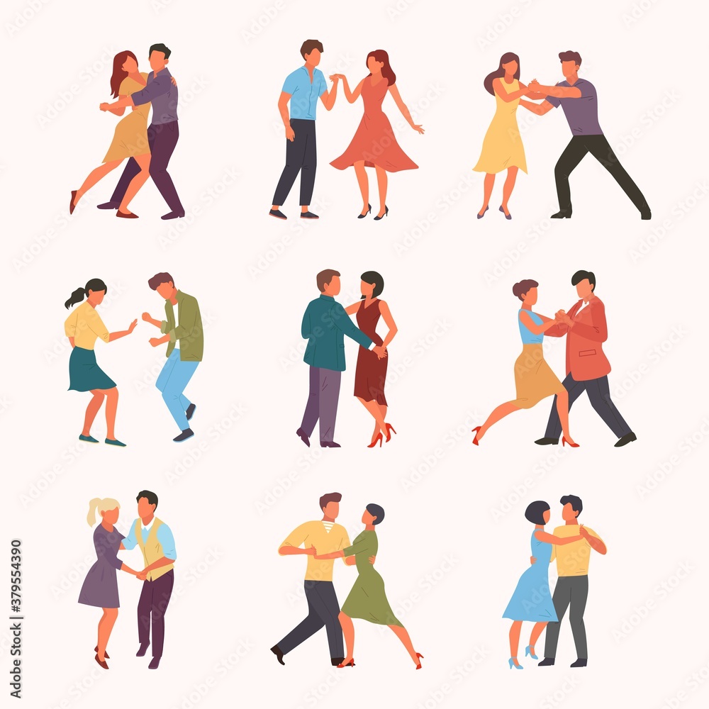 Paired dancing set. Woman with man circle passionate cuban rumba teens rock quickstep stylish male female characters perform incendiary tango guy girl in rhythm salsa. Vector cartoon.
