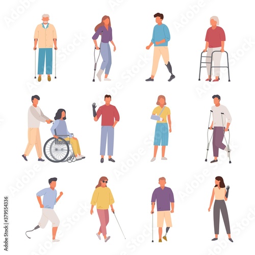 People with disabilities injuries set. Female character modern prosthetic arm nurse driving girl in wheelchair male characters running with leg prostheses blind woman walking. Cartoon vector support.