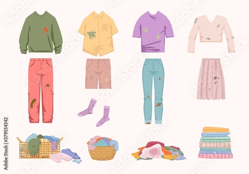 Dirty unwashed clothes set. Womens jacket with skirt green slime socks shorts tshirt with dog prints laundry basket filled with smelly clothes pile old socks stack clean linen. Housework vector.