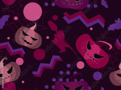 Halloween seamless pattern with scary pumpkins, bats, spider webs and geometric shapes in 80s style. Halloween background for wrapping paper, print, fabric and printing. Vector illustration