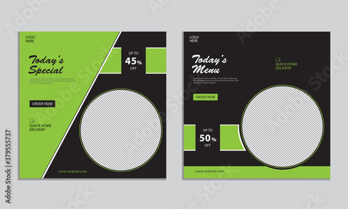 Today special food square social media ads banner template. Green and black color banner 