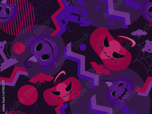Halloween seamless pattern with scary pumpkins, bats, spider webs and geometric shapes in 80s style. Halloween background for wrapping paper, print, fabric and printing. Vector illustration