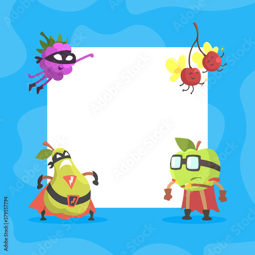 Funny Fruits Characters with Blank Banner, Cute Fruits Dressed in Superhero Costumes Cartoon Vector Illustration