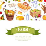 Farm Products Banner Template with with Healthy Organic Products Seamless Pattern and Space for Text Cartoon Vector Illustration