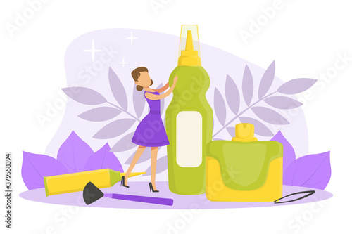Tiny Woman with Huge Cosmetic Bottle, Jar and Visagiste Professional Cosmetic Accessories, Skin Care and Facial Treatment Concept Cartoon Vector Illustration