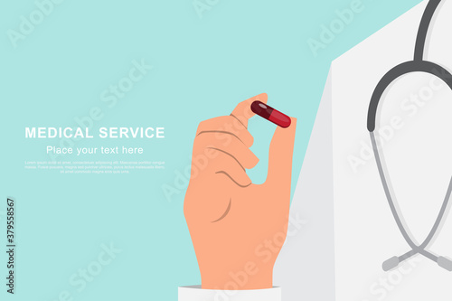 pharmacy background with doctor holding a medicine capsule and copy space.