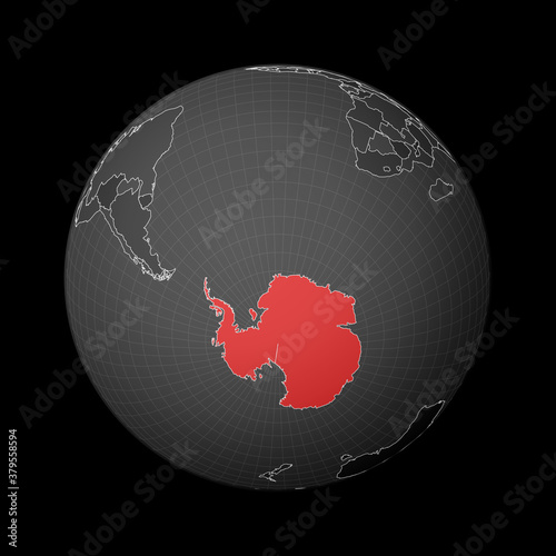 Dark globe centered on Antarctica. Country highlighted with red color on world map. Satellite world projection. Awesome vector illustration.