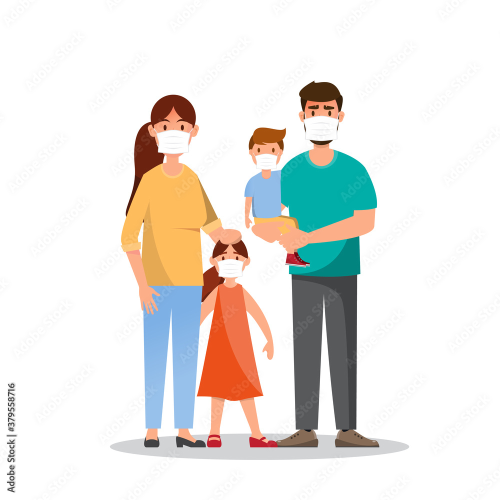 family with N95 masks. Dirty environment from dust. family with N95 masks. Dirty environment from dust.